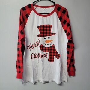 If Family Merry Christmas Snowman Buffalo Plaid Red White Long Sleeve Shirt Sz M